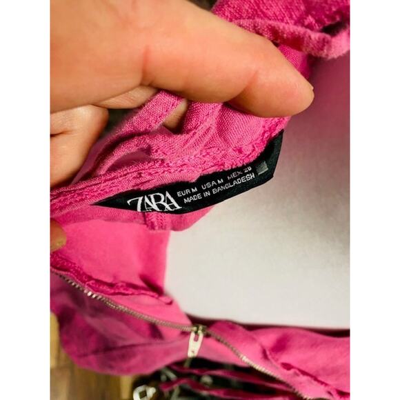 Zara Linen Blend Sleeveless Women's Dress Size Medium Pink Tie Back Braid Strap - Picture 4 of 4